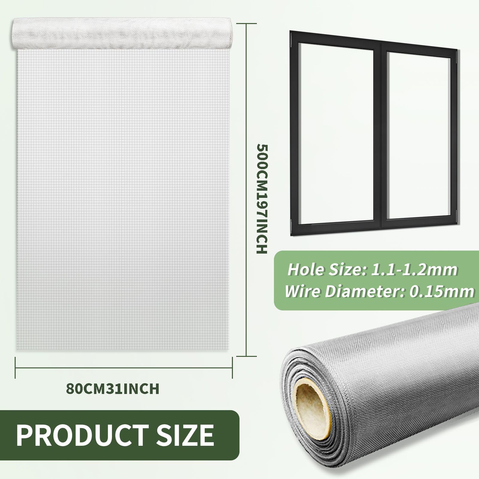 KISKIS Gewebter Draht, 20 Maschen, Edelstahl, 304, Metallsieb für Fenster, Tür, Schutzabdeckung für Lüftungsschlitze, Filter feines Netz, 80 x 500 cm, 31 x 197 Zoll