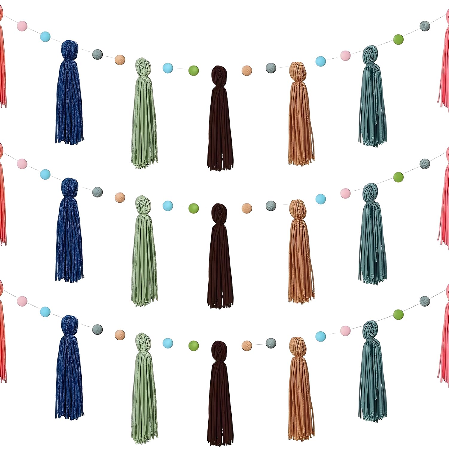 3Pcs Colorful Boho Tassel Garland,Each 130cm/51in Long 12 Balls Felt Ball Garland,Rainbow Pom Pom Tassel,for Kids Room Classroom Nursery Dorm Birthday