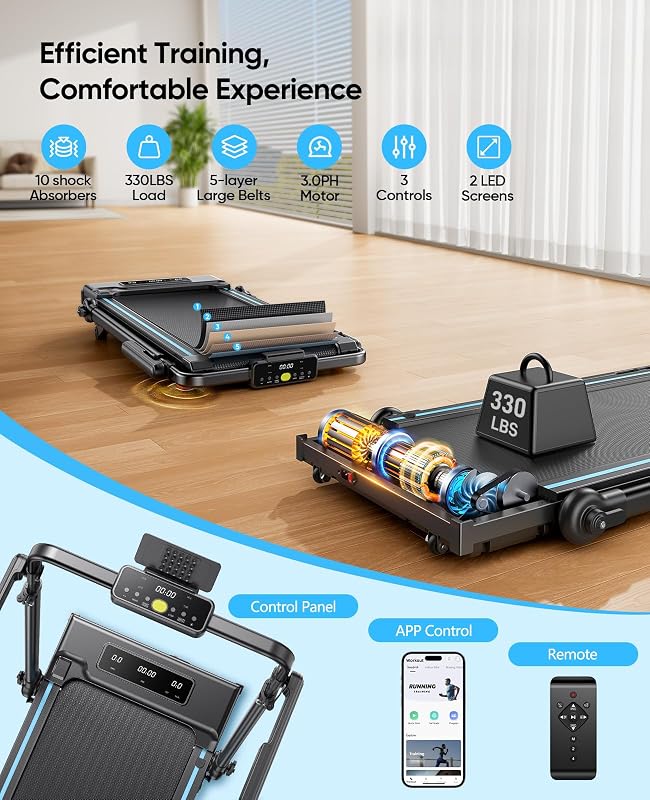 3.0HP Walking Pad Treadmill with Incline 2%-7%-12%, 6 in 1 Foldable Treadmill for Home with Removable Desk, Adjustable Handle Bar, RGB Lights, LED Display, Remote&APP Control (Blue) image 5