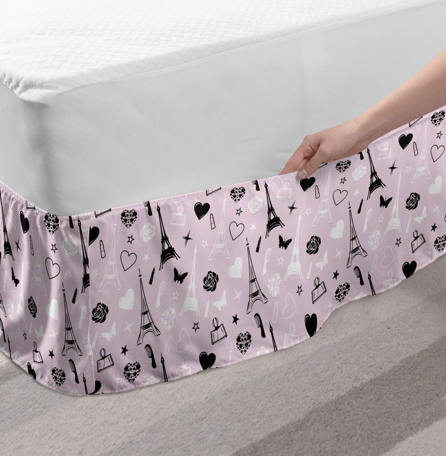 Lunarable Paris Bed Skirt, Romantic France Vacation Theme Eiffel Tower Hearts Rose Bouquet Valentines, Elastic Bedskirt Dust Ruffle Wrap Around for Bedding Decor, Full, Pale Pink Black White