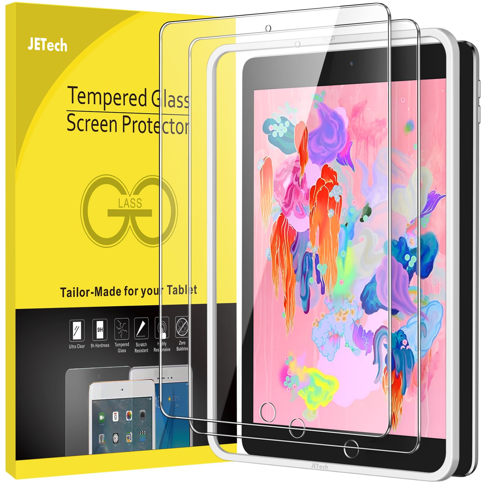 JETech Screen Protector for iPad (9.7-Inch, 2018/2017 Model, 6th/5th Generation), iPad Air 2/1, iPad Pro 9.7-Inch with Easy Installation Frame, Tempered Glass Film, HD Clear, 2-Pack