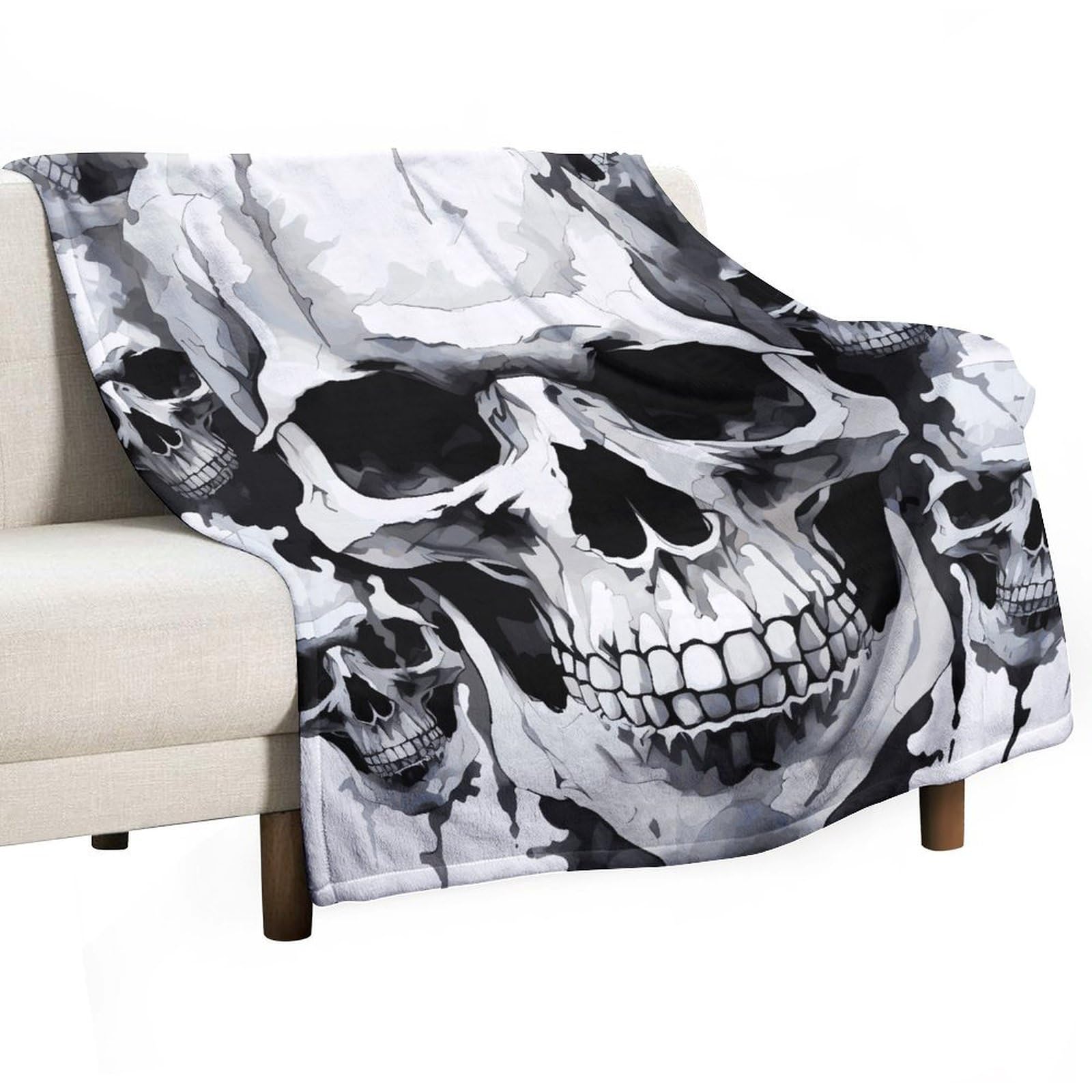 Couverture crâne blanc et gris en flanelle douce pour lit et soirées camping