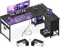 AODK 61" L-Shaped Gaming Desk with 4 Drawers, Reversible Corner Design, Power Outlets, USB Ports & Host Stand - Black
