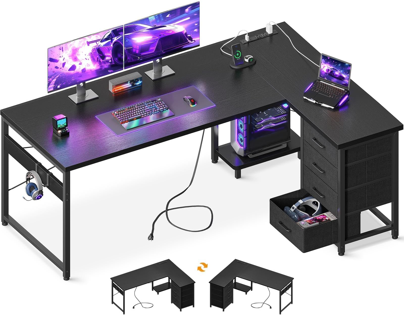 AODK L Shaped Desk with 4 Tier Drawers, 61" Reversible Gaming Desk with Power Outlets, L Shaped Computer Desk with USB Charging Port and Host Stand, Home Office Corner Desk, Easy to Assemble, Black