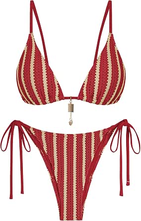 ZAFUL Crochet Bikini Sets for Women Cheeky Boho Striped High Cut Thong Swimsuit