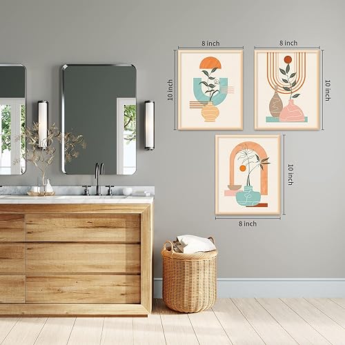 Miniatura 4 de Juego de 3 lienzos abstractos bohemios sin marco, 8 x 10 pulgadas, colores cálidos, jarrón geométrico abstracto, planta tropical, luna, sol,