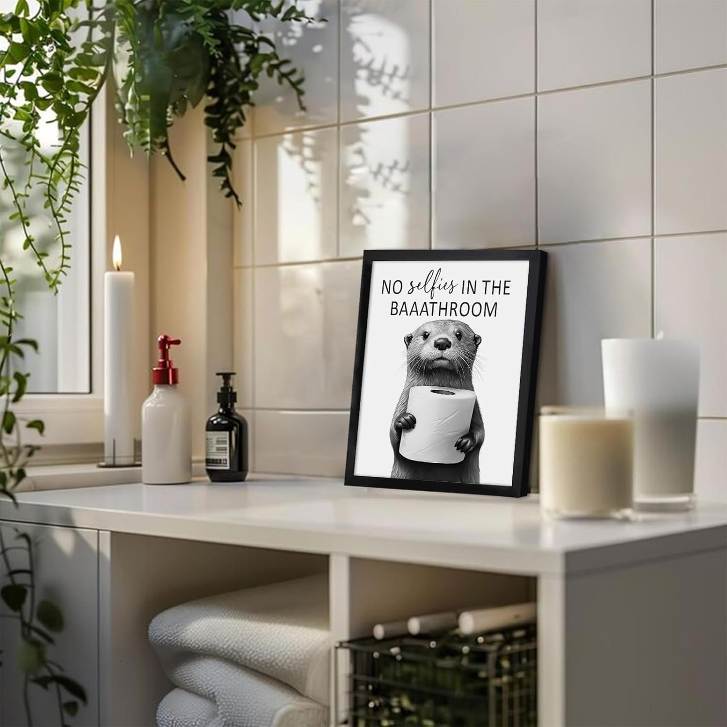 Funny Bathroom Art Black and White Wall Decor,Humour Modern Bathroom Sign,Toilet Paper in Little Funny Raccoon'S Hand Animal Wall Art for Toilet Restroom Decor,8''x10'',Framed - Image 3