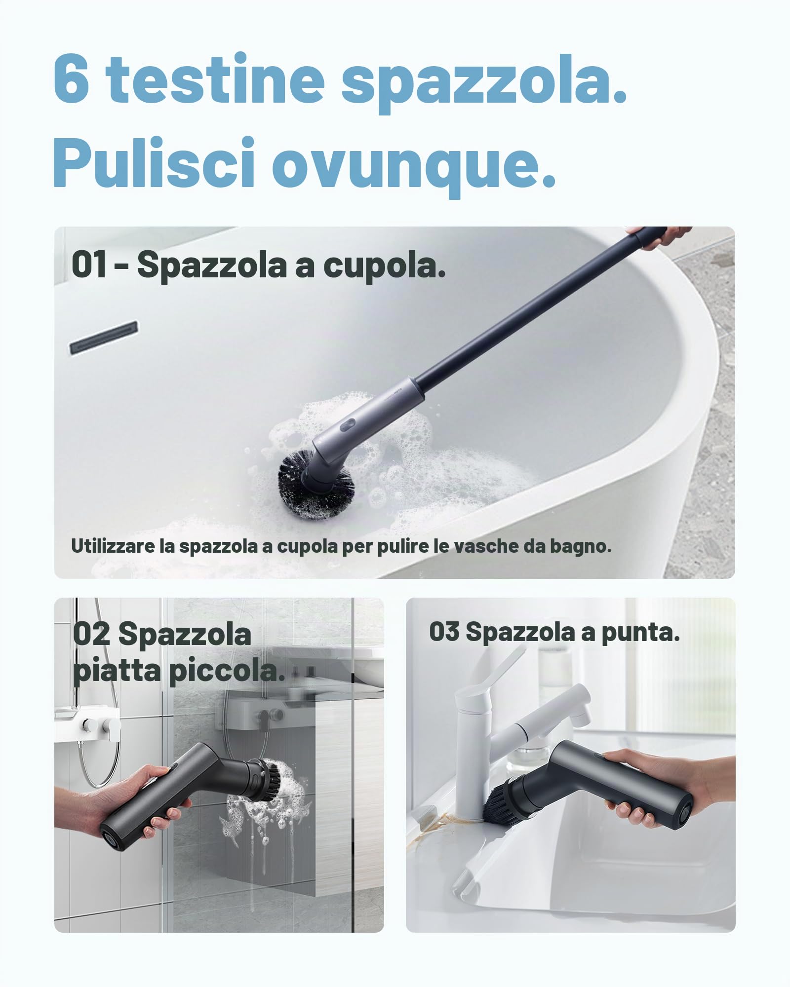 HOTO Spazzola Rotante Pulizia Casa, IPX7 Spazzola Elettrica Rotante per Pulizia con 6 Testine, Max 2.5 N·M, 2 Velocità, Ricaricabile Spazzole per Pulire, Bagno, Cucina, Doccia, Pavimenti, Piastrelle