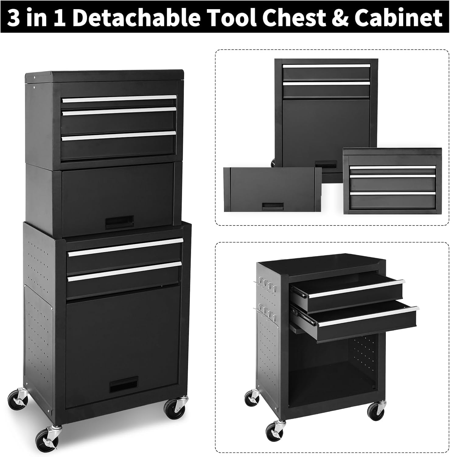Rolling Tool Chest, 3-in-1 Detachable Metal Tool Box with Wheels & Drawers, High Capacity Toolbox Organization Sliding Drawers Garage Storage Box Cabinet Tools Cart for Warehouse Workshop