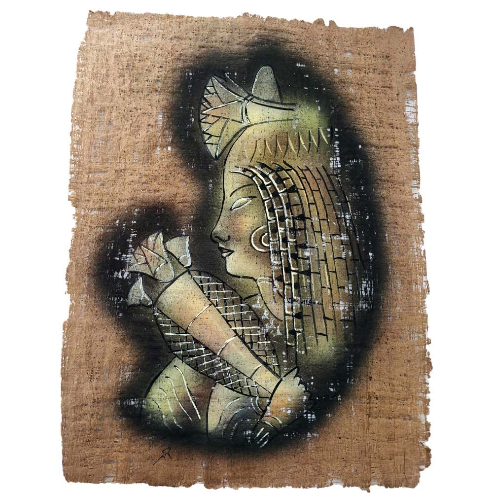 Papiro papyrus egipcio envejecido original con dibujo del Antiguo Egipto pintado a mano y hecho de la misma planta del papiro (Cleopatra izq)