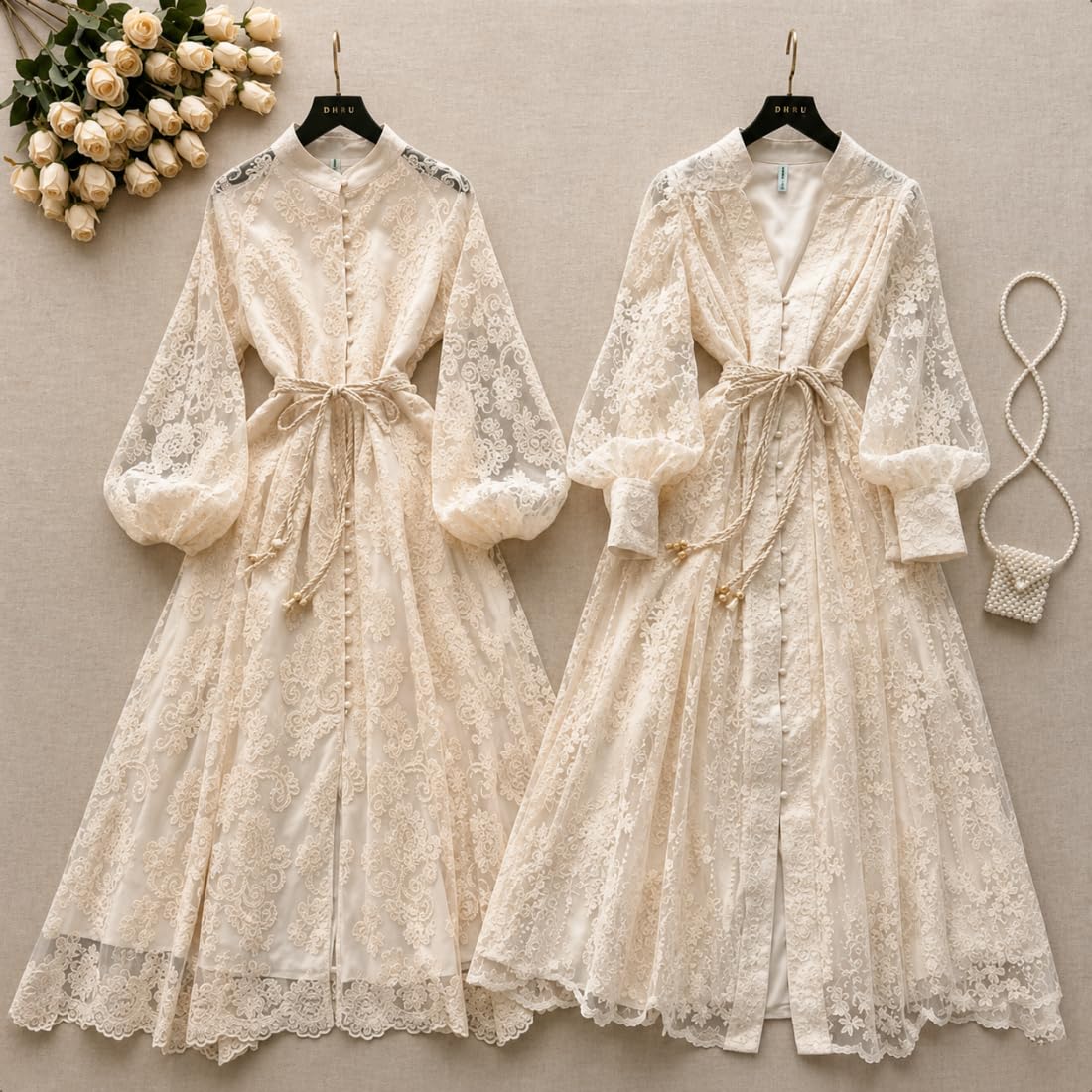 Vestido Largo de Mujer Escote en V Encaje Floral Bordado Vintage Mangas Farol Vestido Largo romántico Boho Mangas abullonadas línea A Fluido Vestido invitada Boda Fiesta