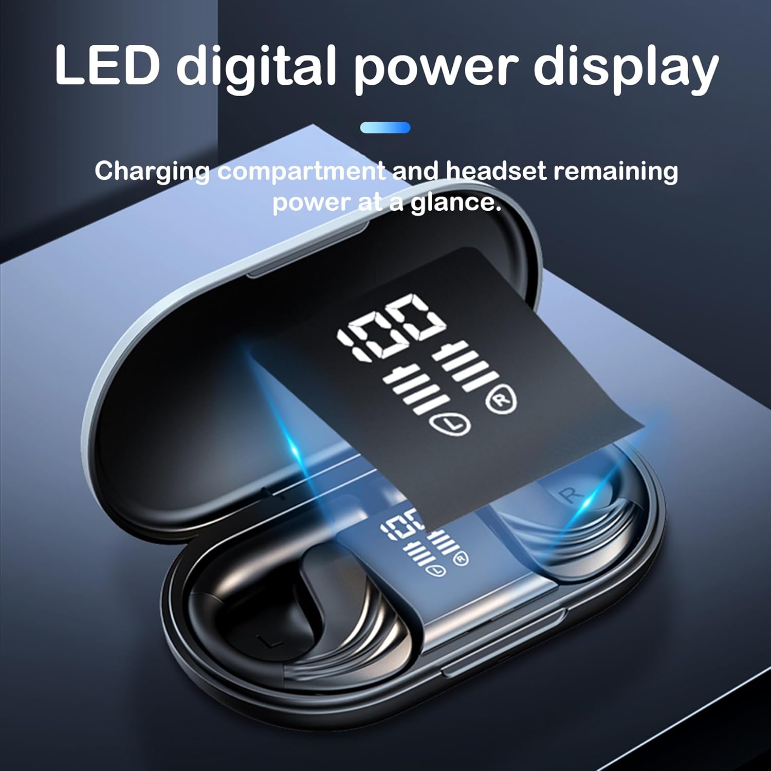 Open-Ear Wireless Bluetooth Headphones, Stereo Noise Cancelling Earbuds with LED Display Wireless Charging Case, Wireless Bluetooth 5.3 Earphones for Sports/Workout/Running