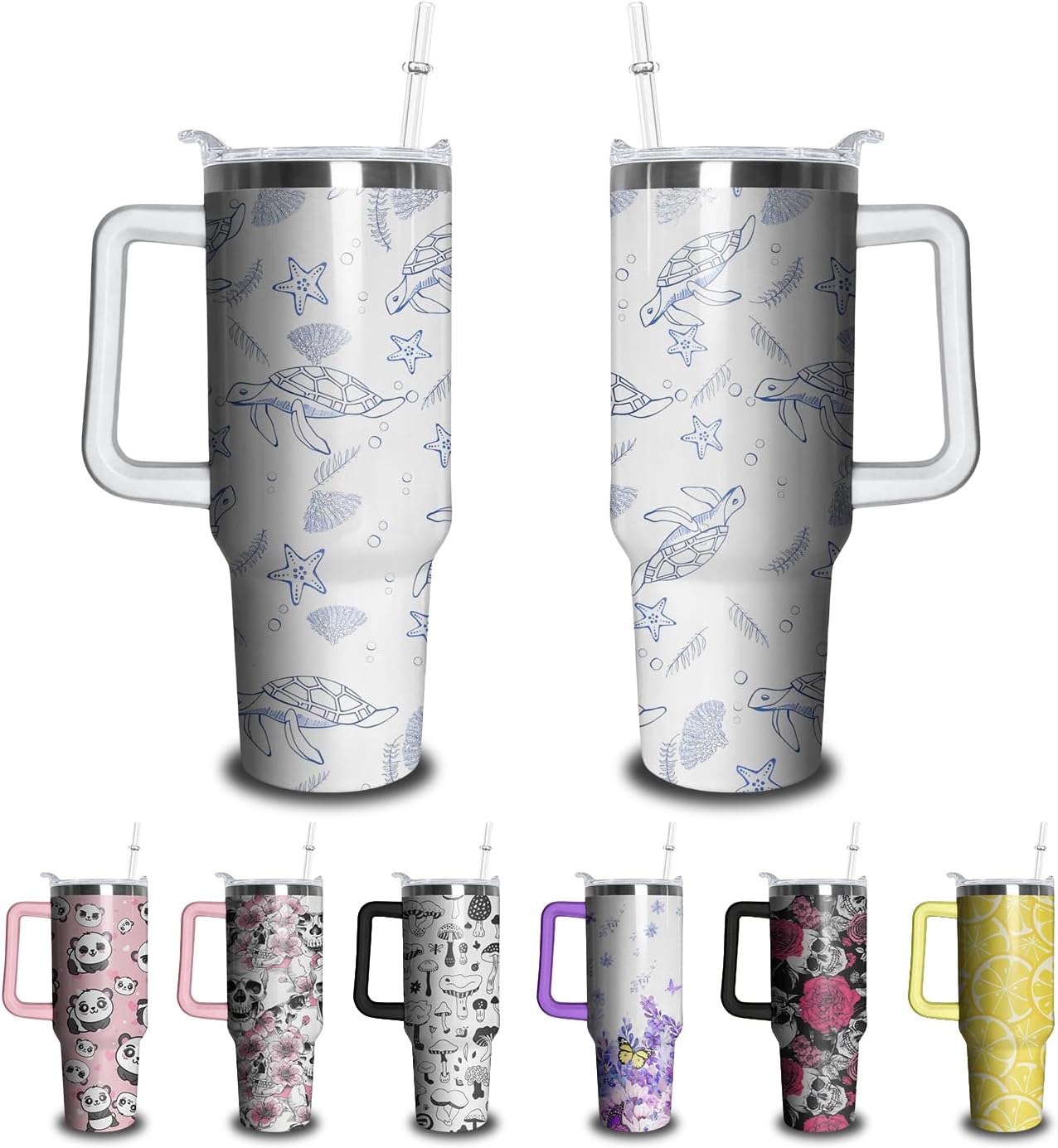 40oz Sea Turtle Tumbler with Handle and Straw, Ocean Turtle Stainless Steel Insulated Cup with Lid and Straw, Travel Coffee Mug Water Bottle, Birthday Mothers Day Gifts for Women Men Animal Lovers