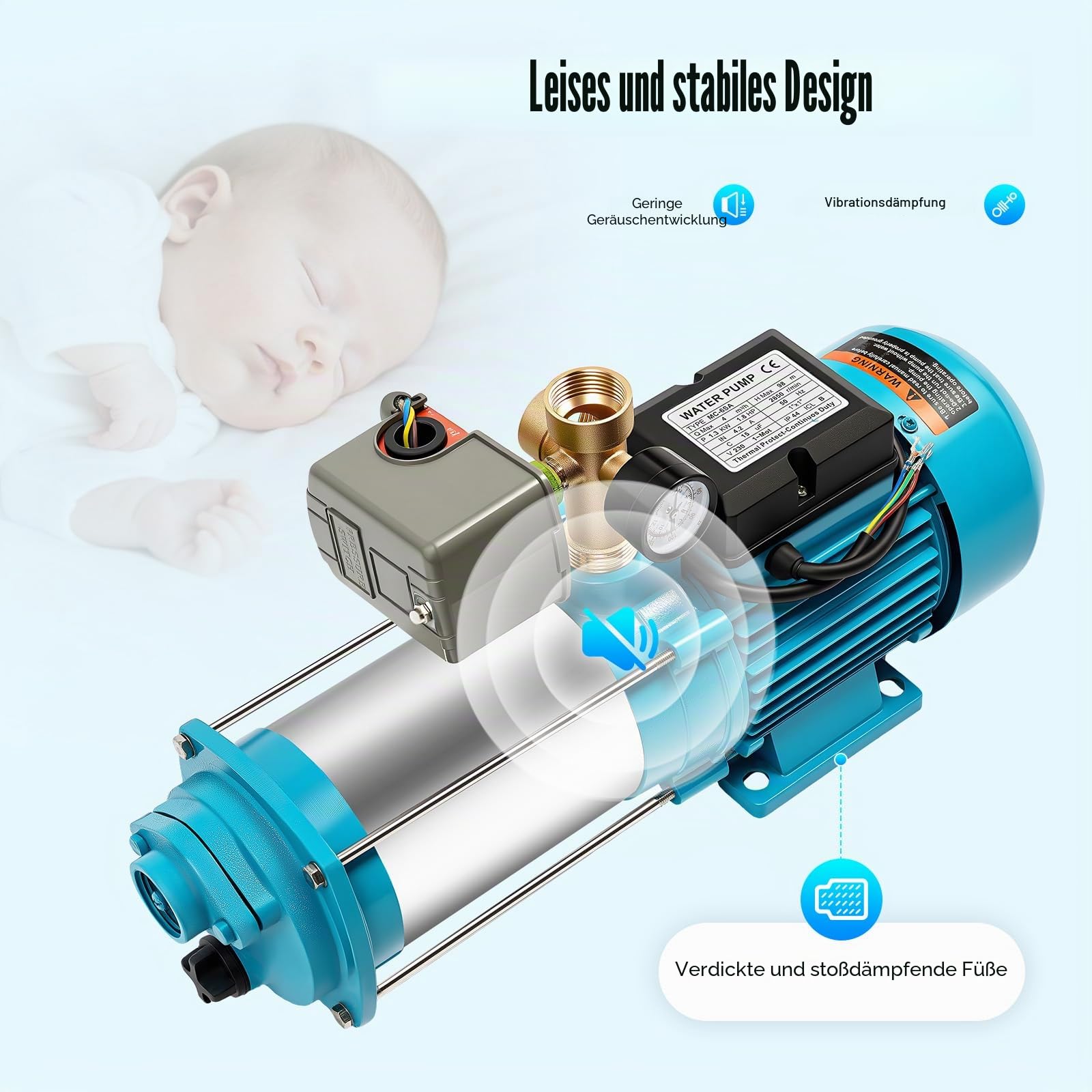 Edelstahl Kreiselpumpe 1300W 4000L/h, Selbstansaugende Gartenpumpe mit 98M Förderhöhe, Hauswasserwerk mit Druckschalter, Gartenbewässerungspumpe für Haushalt und Landwirtschaft