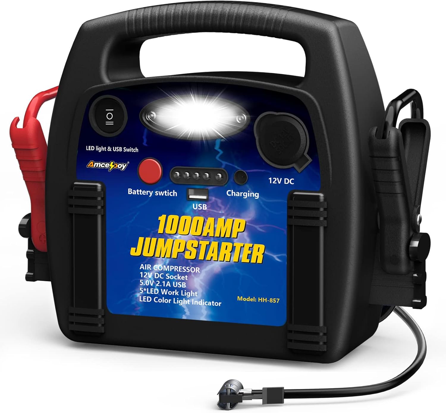 2000A Jump Starter with Air Compressor - Amcelooy Car Battery Jump Starter 260PSI Tire Inflator - Starts 8.0L Gas & 8.0L Diesel - 12V Portable Jump Box with LED Light & USB & DC Ports