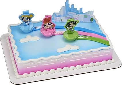 Amazon Com Decoset The Powerpuff Girls The Day Is Saved Cake Topper 4 Piece Party Decorations For Cakes Each Girl Spins Scene Setting Backdrop Grocery Gourmet Food
