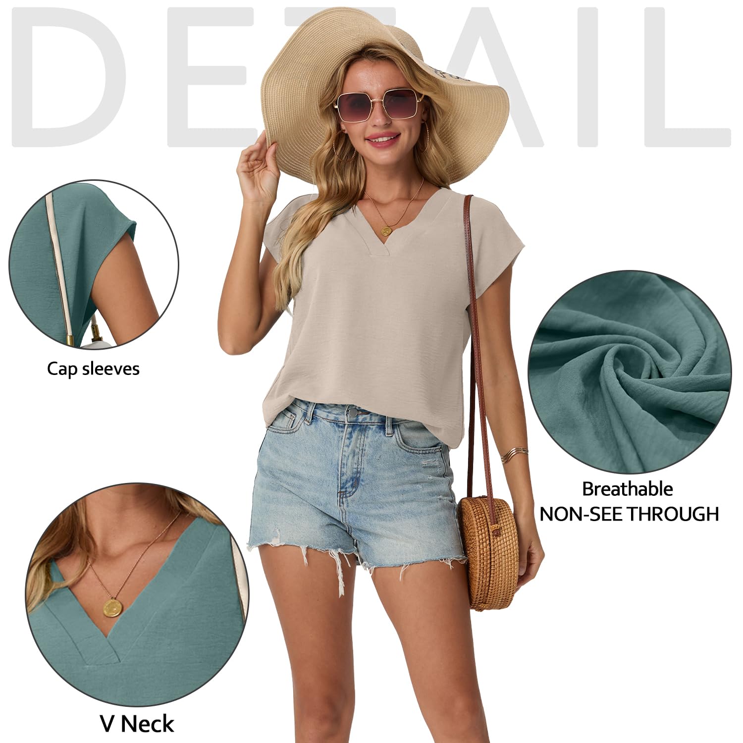 Qixing Women's V Neck Blouses Cap Sleeve Shirts Casual Loose Work Office Solid Tops — view 3