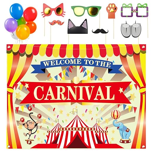 ERKOON Circus Carnival Banner Backdrop, 36PCS Photo Booth Props and 21 PCS Balloons for Circus Carnival Party Supplies Decorations