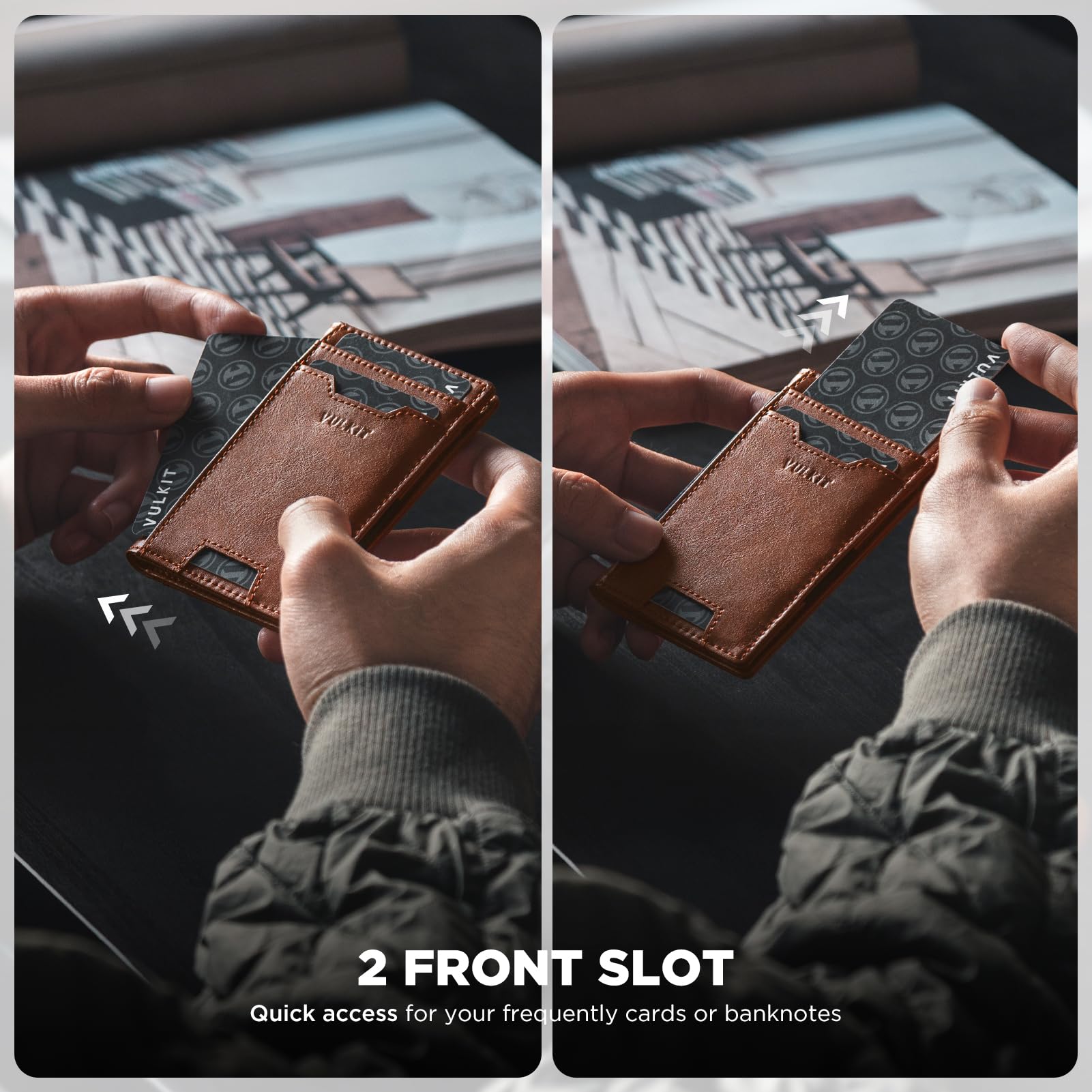VULKIT Étui pour cartes de crédit, blocage RFID, en cuir fin, poche avant, porte-monnaie pour homme, porte-cartes bancaires, accès rapide avec 10 emplacements et bande pour argent pour factures ou