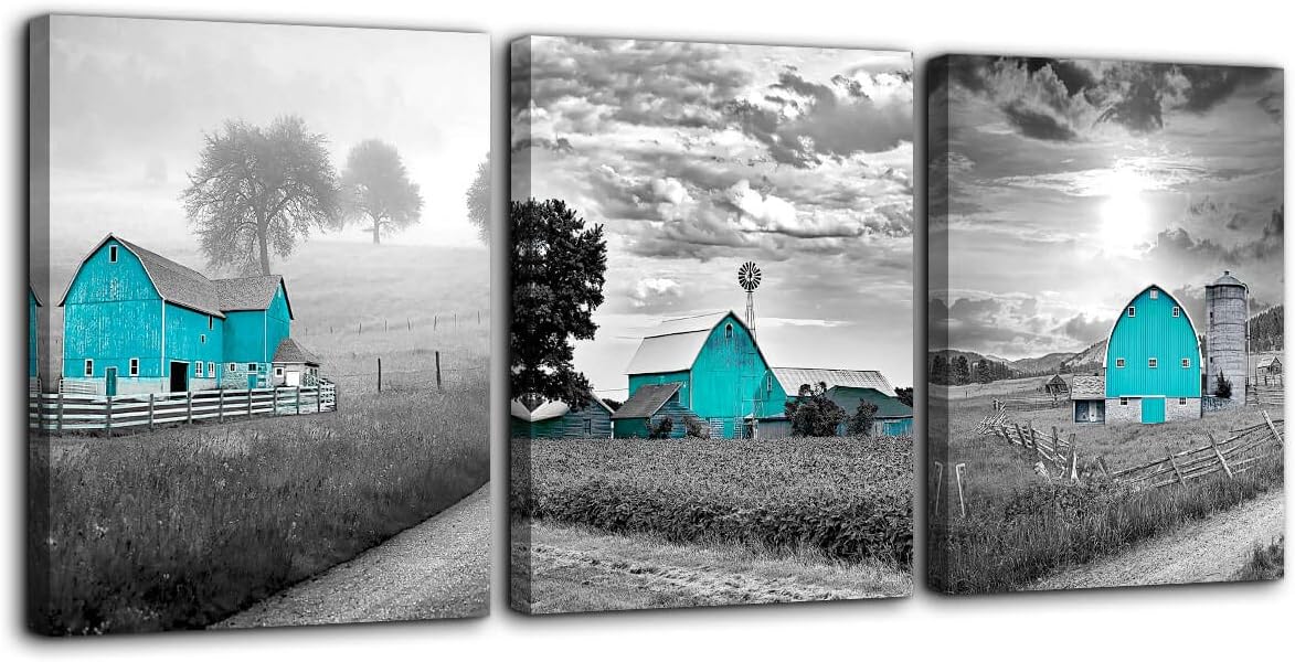 Teal Farmhouse Black and White Country Rustic Cabin Wall Art for Bedroom Bathroom Wall Decoration Farm Themed Canvas Picture Artwork Ready to Hang for Home Living Room Wall Decor Size 12x16 Each Panel