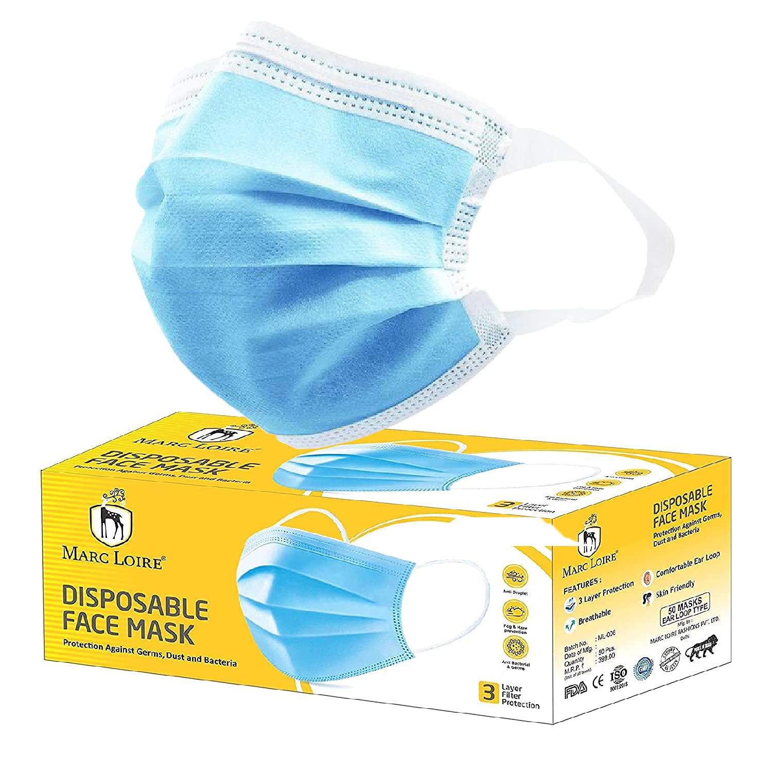 Certified 3 Layered Outdoor Protection Face Mask with Wide Soft loop & inbuilt Nose Clip CE, ISO & GMP Certified (Pack of 20)