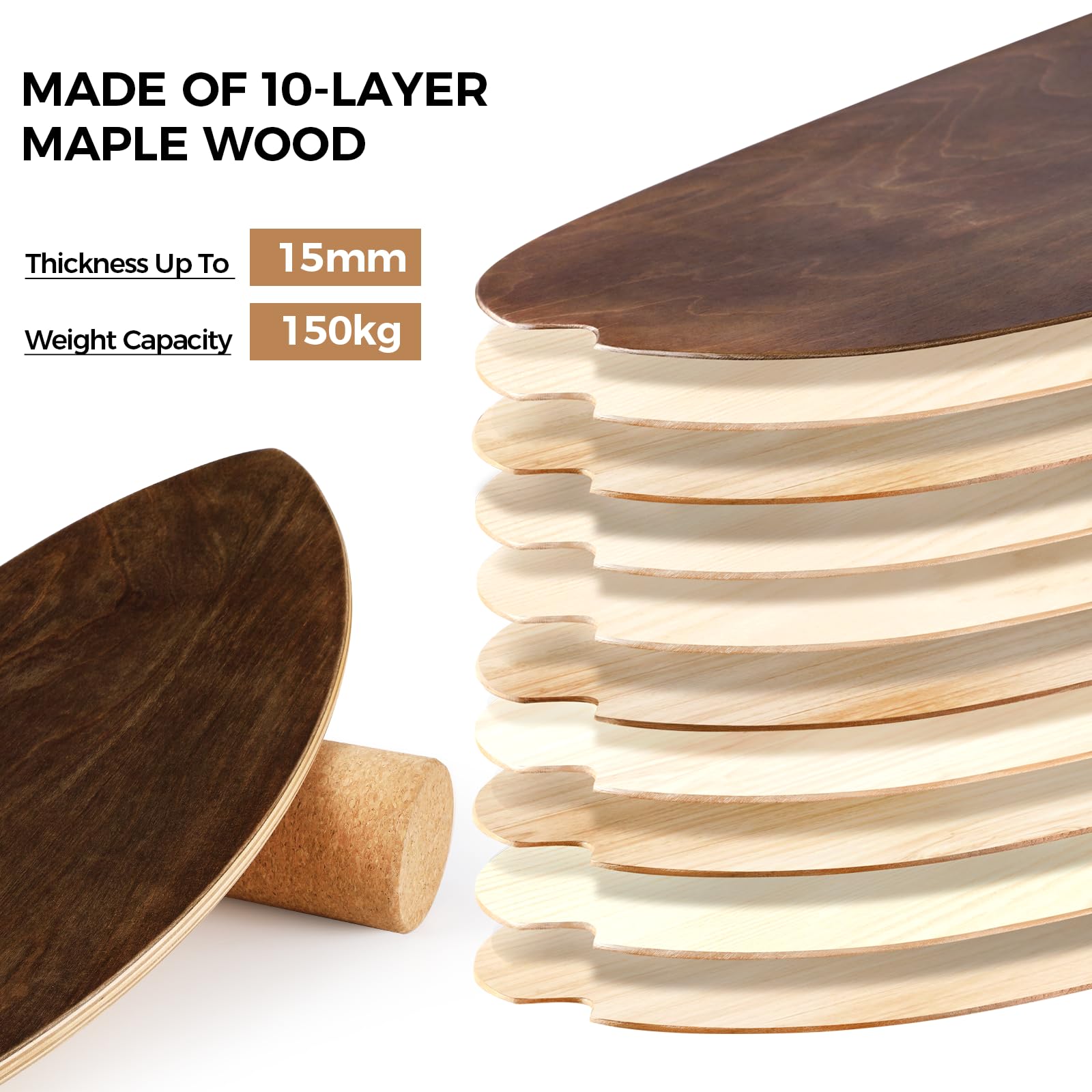 Balance Board, 15mm Dickes BalanceBoard + 10mm Korkrolle, Balance-Board Maximale Belastung 150kg, Indoor-Surfboard und Gleichgewichtsboard für Erwachsene