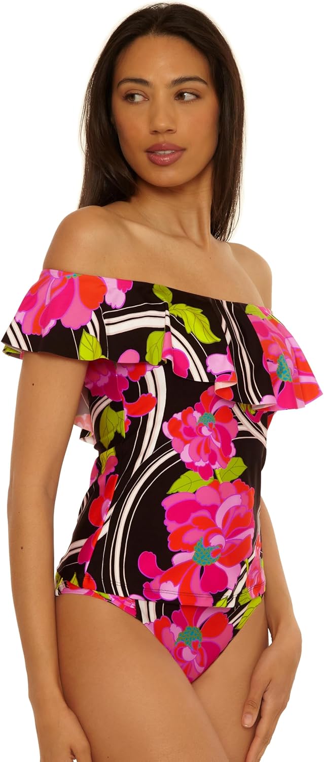 Trina Turk Women's Monaco Ruffle Tankini, Off Shoulder, Swimsuit Tops
