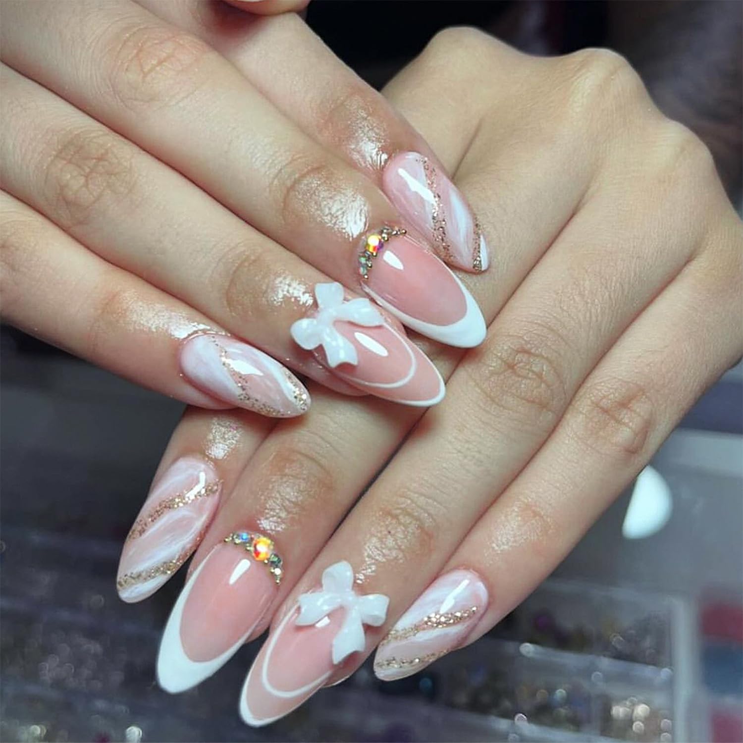 White French Tip Press on Nails 3D Bow Charm Fake Nails Gradient Marble Acrylic Nails with Rhinestones Glue on Nails Long Almond Stick on Nails for