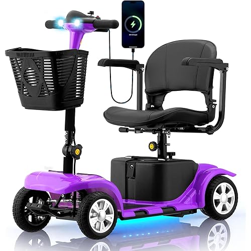 Mobility Scooter for Adults, 4 Wheels Lightweight Scooter, Foldable Mobility Scooter Long Range for Travel, Adults, Elderly, Supports 300 lbs, Powered Wheelchair with Charger & Basket (Purple)