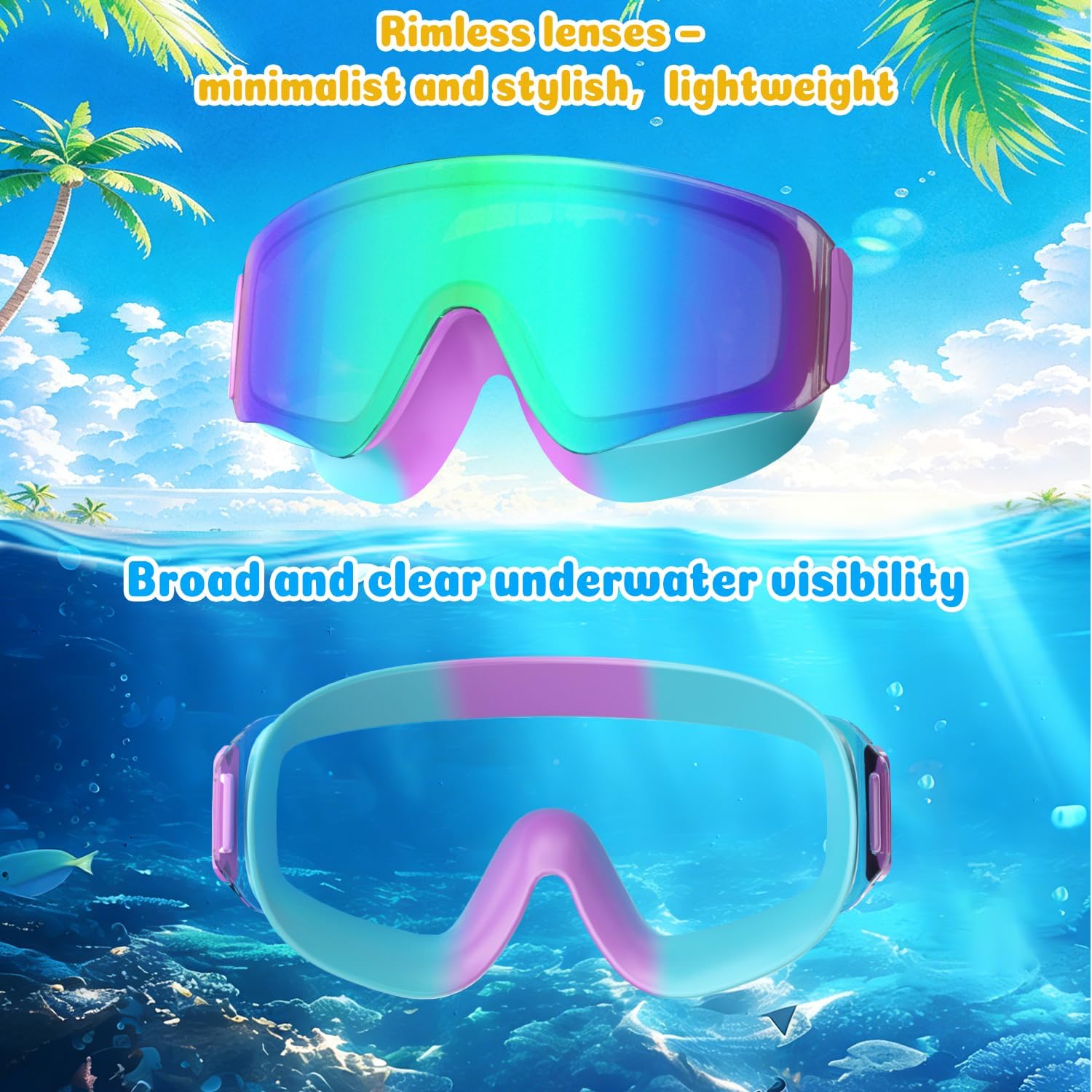 COOLOO 2 Pack Kids Swimming Goggles, Frameless Wide View Kids Goggles, Anti-fog & Anti-UV Goggles kids 4-16 for Girl Boys Youth - Image 6