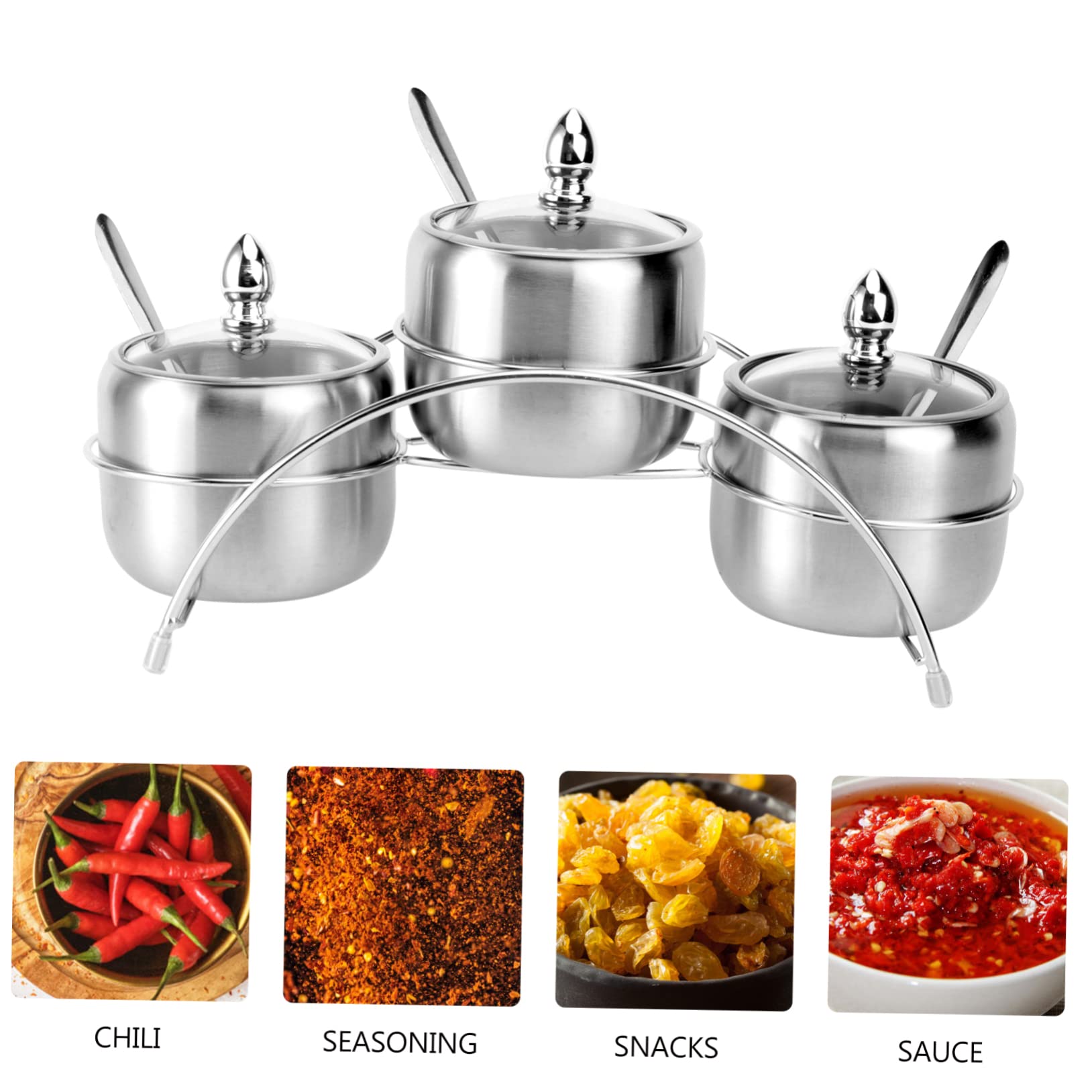 Cabilock Support à Épices en Acier Inoxydable Argenté 1 Set 4 Compartiments Pratique Cuisine et Rangement des Condiments Style Européen