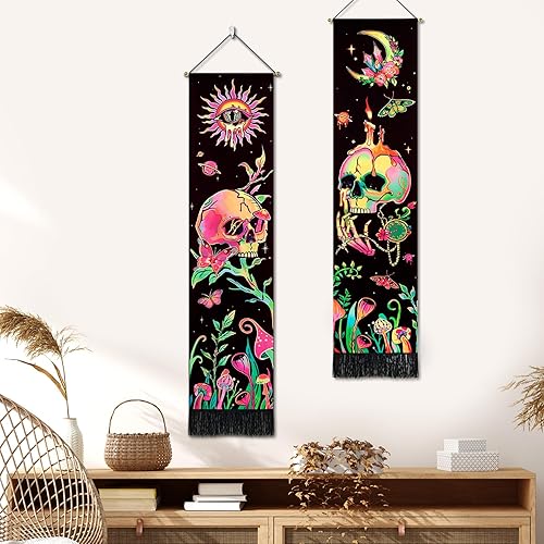 Miniatura 3 de Leofanger Paquete de 2 tapices verticales de calavera negra con luz negra, tapiz de sol y luna, tapiz de flores de mariposa y mariposa negra, tapiz