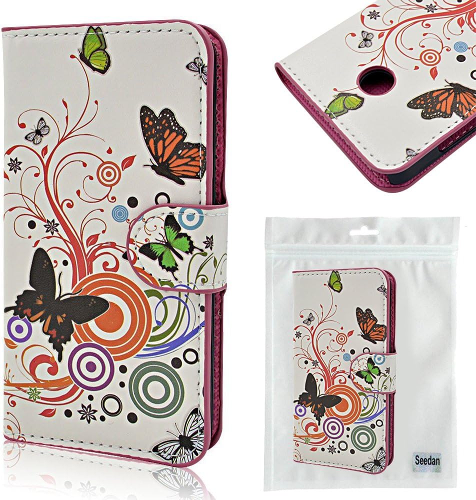 Nokia Lumia 630 Case, Seedan Premium Leather Case [Stand Feature] Classic Series Folio Holster Wallet Pocket for Nokia Lumia 630 635 STAND Flip Cover with [Card Slots] - (White) Flower Butterfly