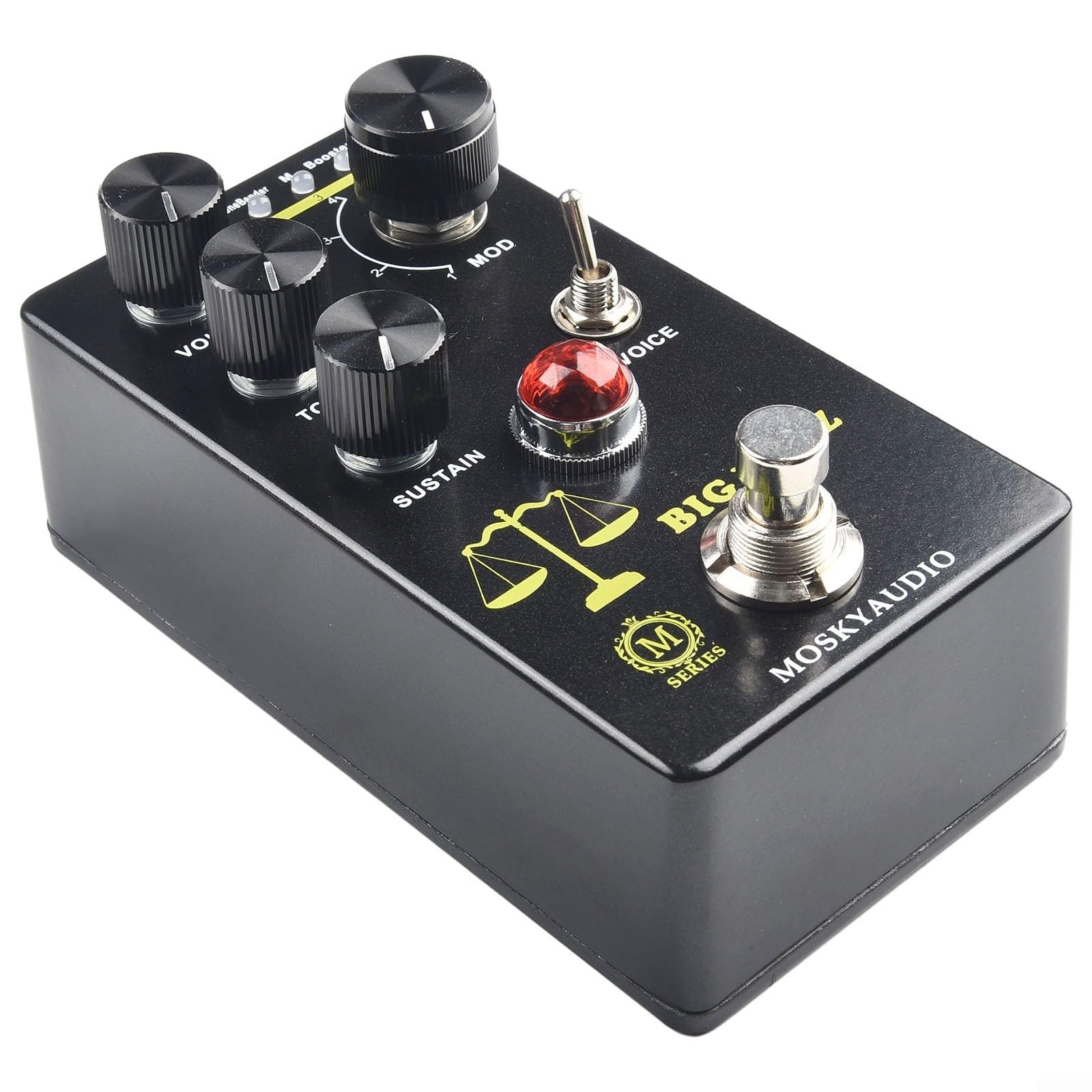 Pedale effetto distorsione Big Fuzz nero per chitarra elettrica con manopola a 4 modalità e doppio interruttore vocale