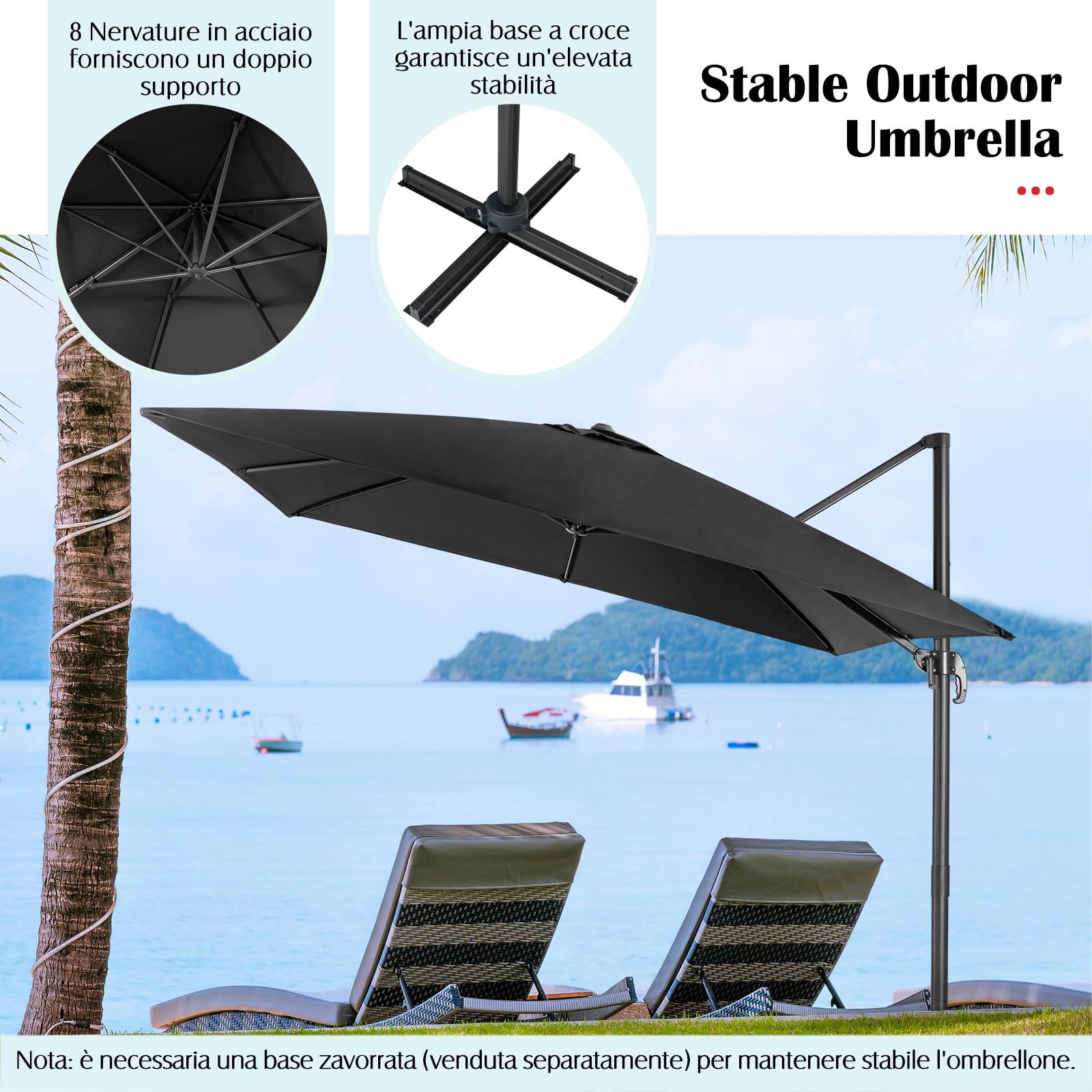 GYMAX Ombrellone da Balcone 3x3 M, Ombrellone Decentrato da Giardino, Laterale Roma