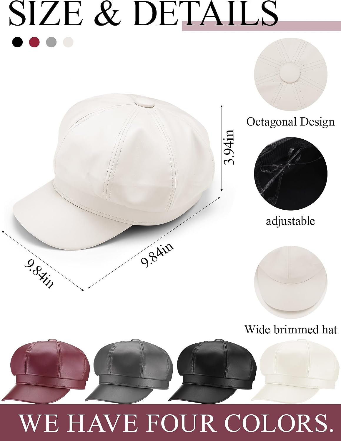Fourluoo 4 Pcs Women's Newsboy Cap PU Leather Newsboy Beret Hat Adjustable Fashion Gatsby Cap Girls Cabbie Visor Beret Hat