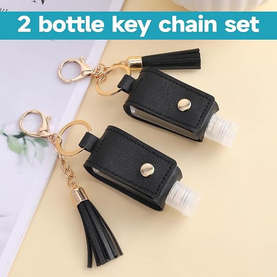 2Pcs Hand-Sanitiser Holder Keychain 30ml/1oz, Portable Handwashing Refillable Travel Bottles with Keychain Clip on Keychains Travel Containers Squeeze Bottles for Toiletry Lotion Liquid Soap (Black)