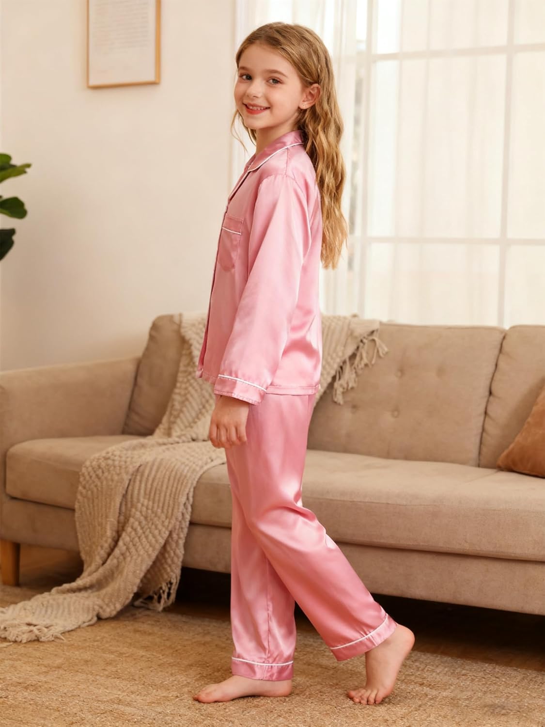 Boys Girls Pajama Set 2 Pieces Cute Girls Satin Pajamas Long Sleeve + Pants, Silky Button Down PJ Set Size 5-14 - Image 8