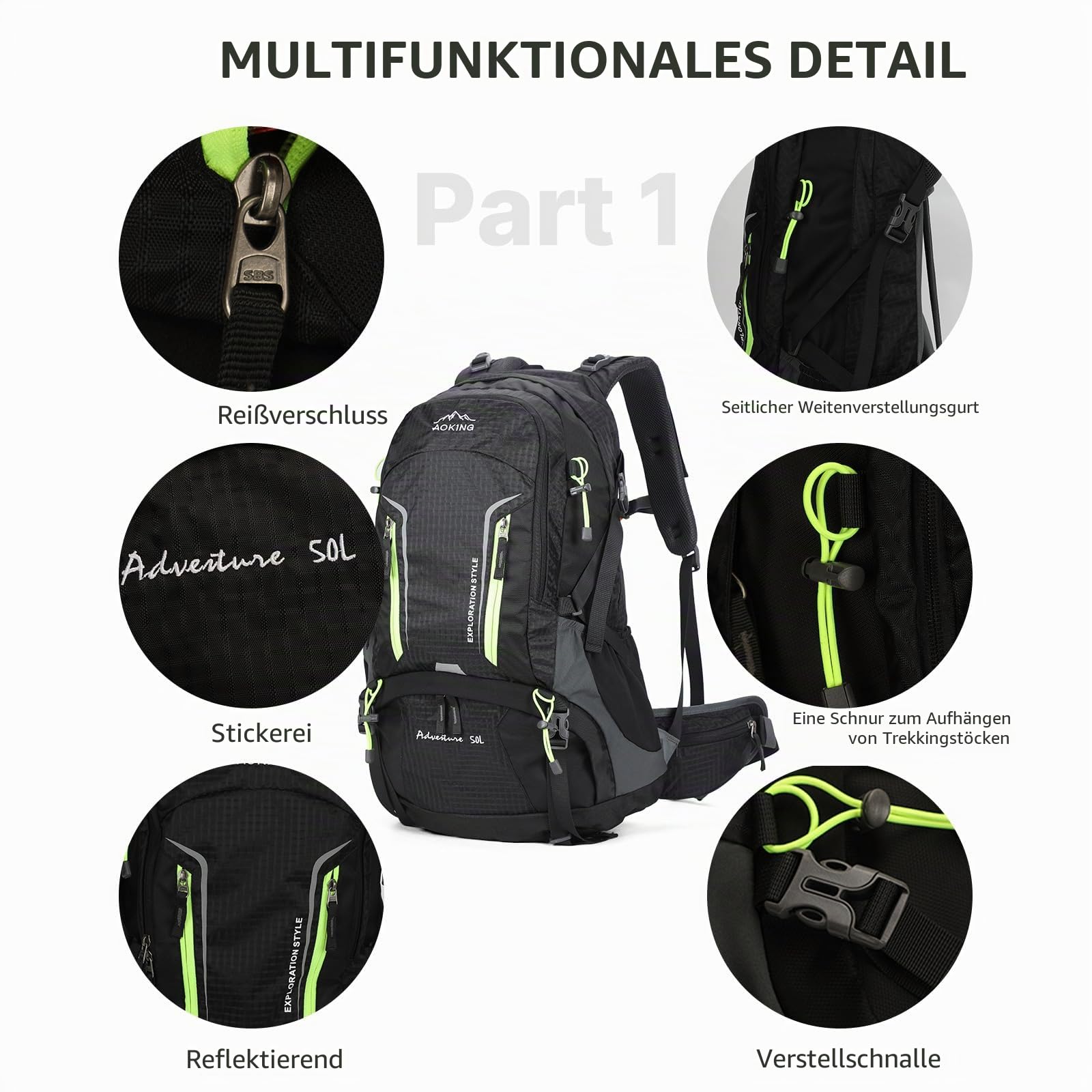 Aoking,Rucksack zum Wandern/Klettern,50L,YJN67363,Standardelemente:abnehmbares Airflow-Mesh-Board,wasserdicht,SOS-Pfeife,Regenschutz