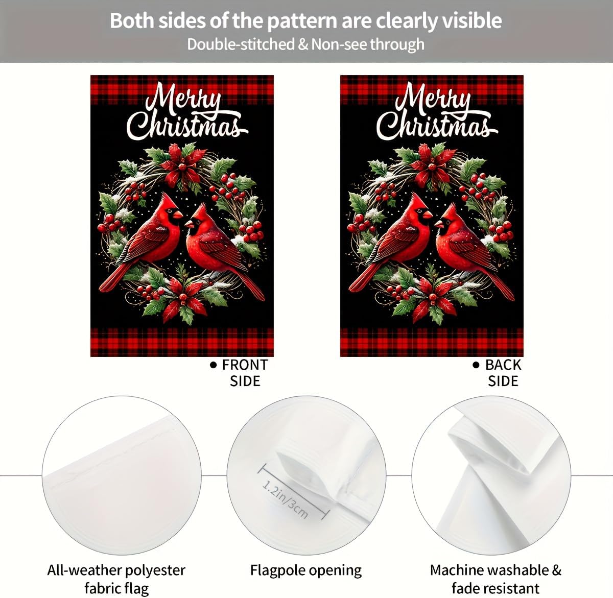 Christmas Garden Flag 12x18 Inch Double Sided Holiday Outdoor Flag with Red Bird and Holly Design for Lawn Patio Yard Winter Farmhouse Decoration - Image 6