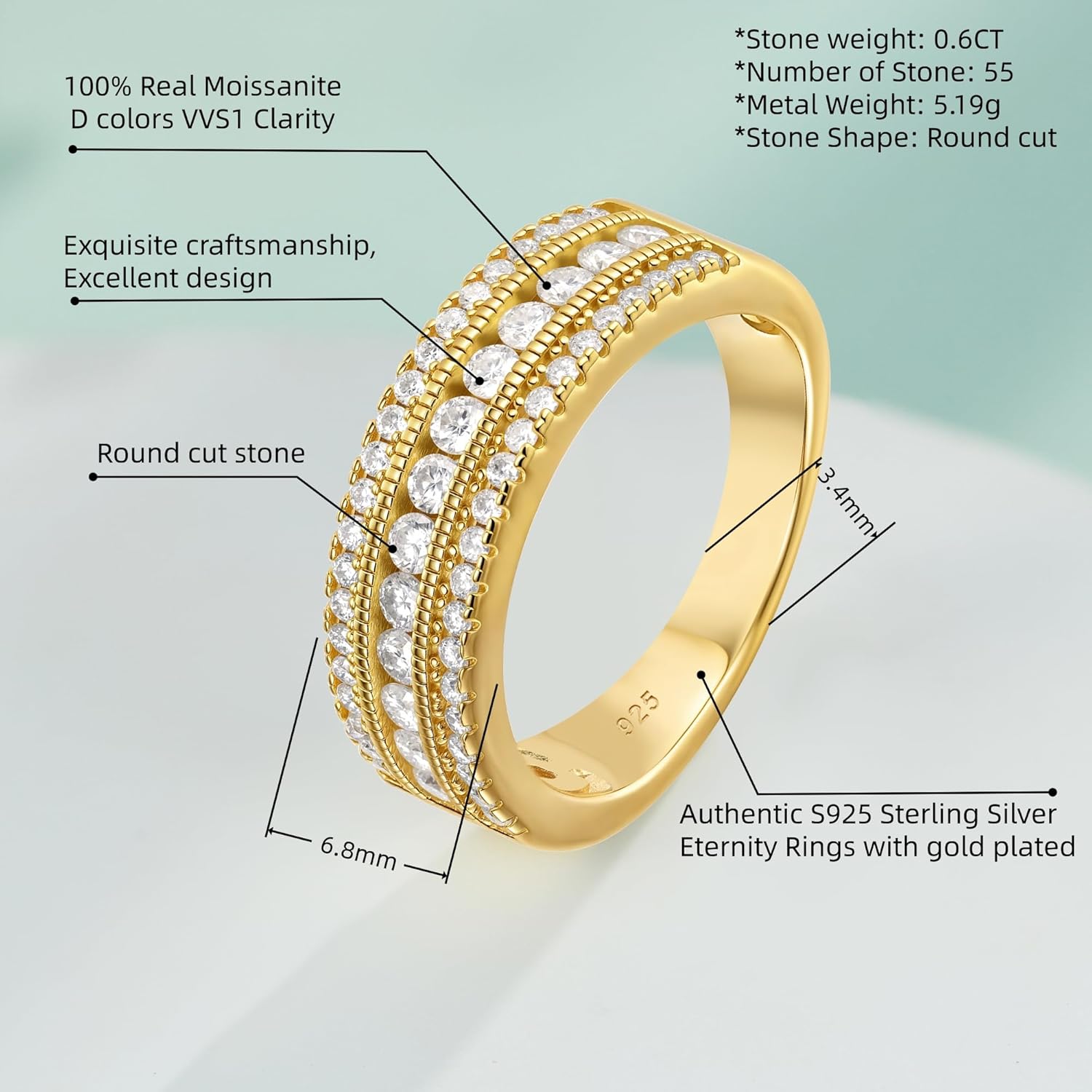 Moissanite Wedding Band Eternity Rings for Women Round Cut 925 Sterling Silver Engagement Anniversary Size 5-10