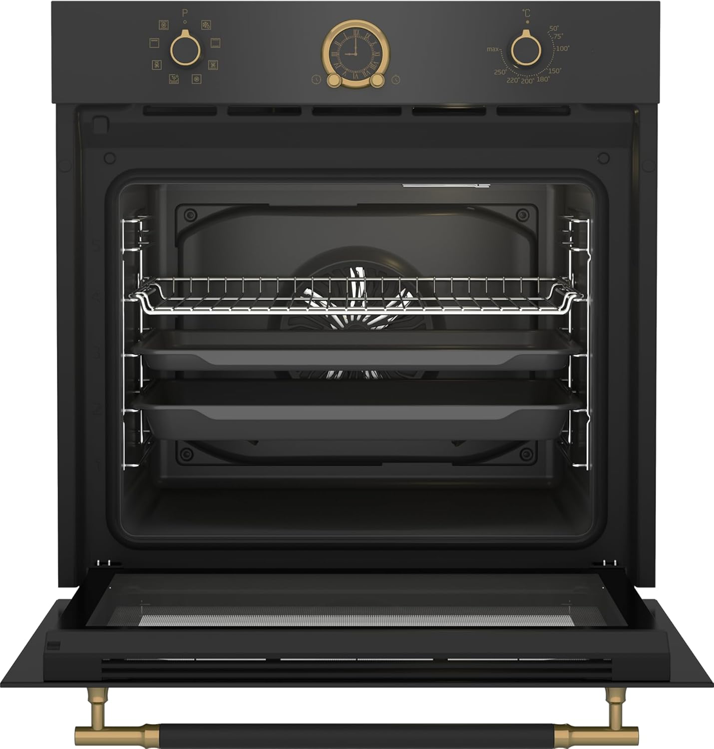 Beko RBIM19200AD oven with door open, showing the interior, racks, and baking trays.