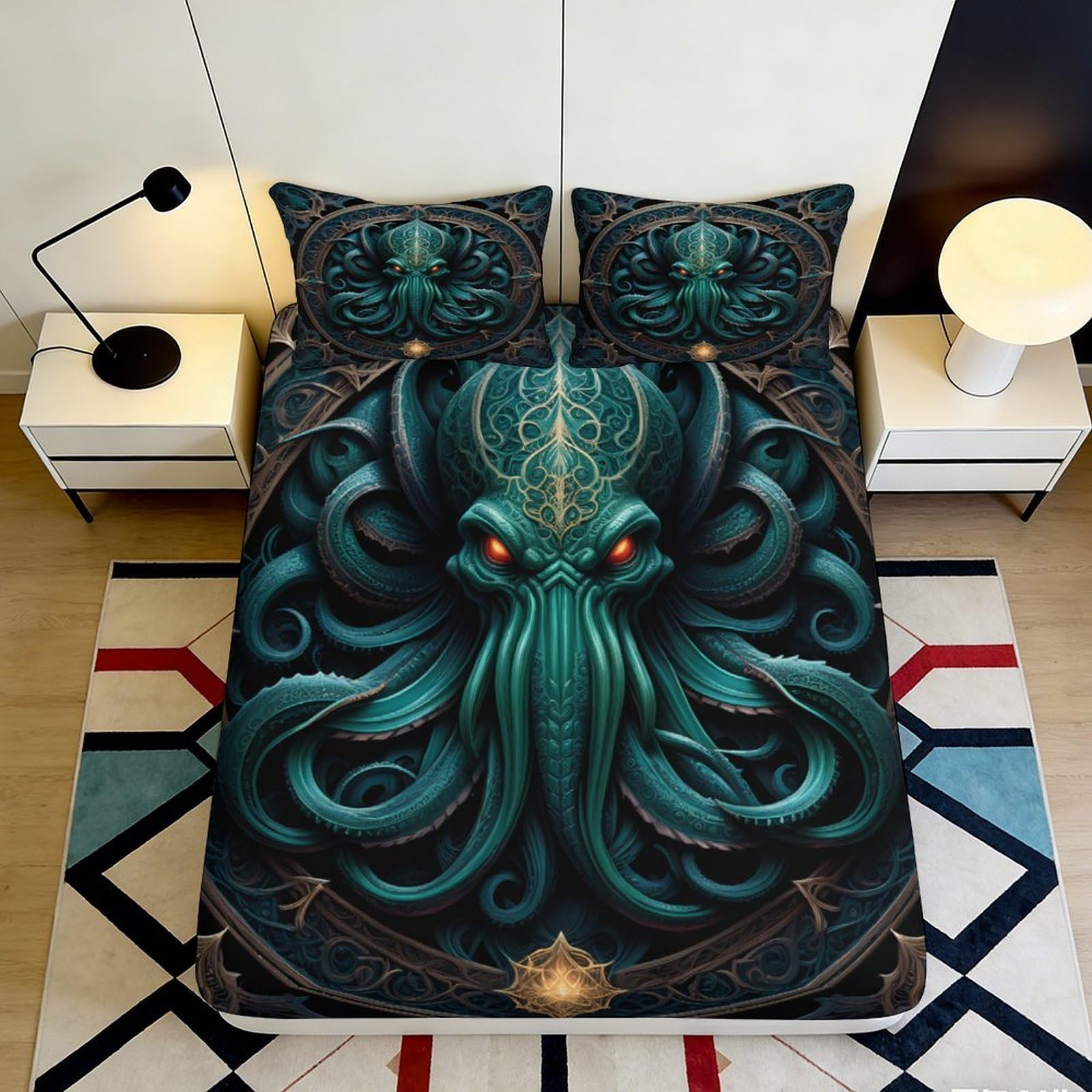 3D Printed Cthulhu Octopus Fitted Sheet Microfiber Deep Green Bed Cover for Bedroom Decor Mattress Protection 90x200x25cm