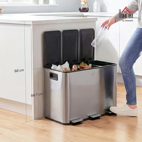 HOMCOM Triple Kitchen Bin 3 x 20L Pedal Bin Stainless Steel Silver Tone