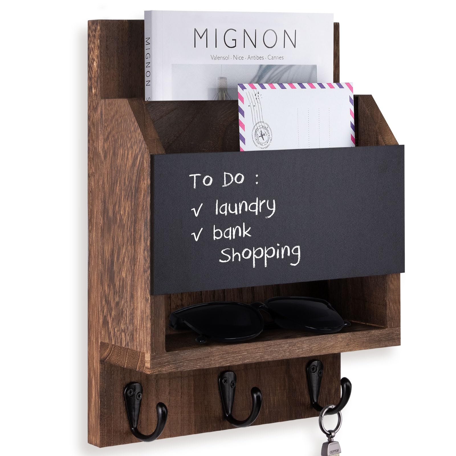 Lucundm Key and Mail Holder for Wall, Key Holder with Chalkboard and Long Storage Box, Key Hanger with 3 Sturdy Hooks for Coat, Dog Leash, Entryway