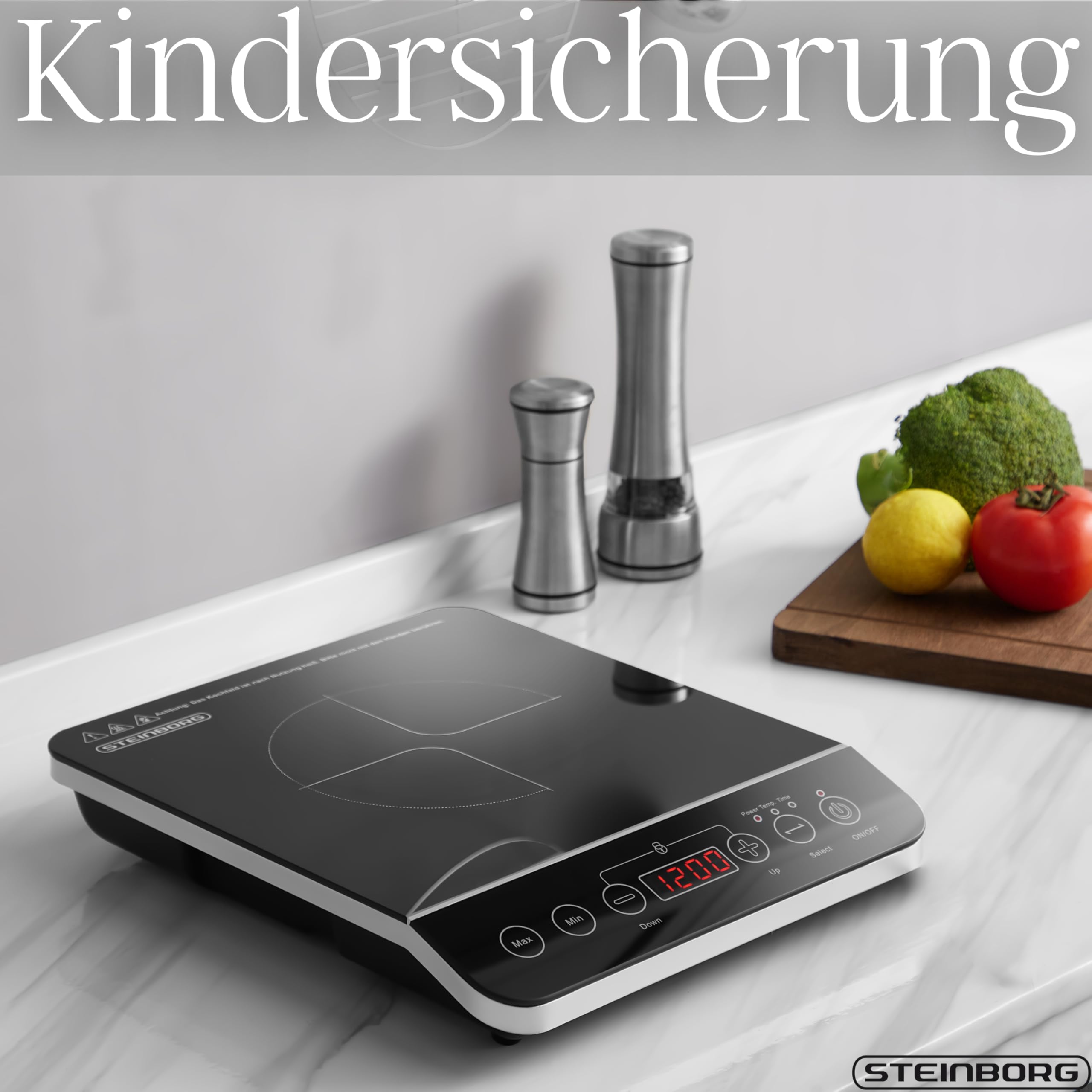 Steinborg® Induktionskochplatte Induktionskochfeld 1 Platte 2000 Watt Automatikprogramme Herdplatte Kochplatte Induktion Induktionsherd Touch Bedienfeld Kindersicherung Induktionsplatte