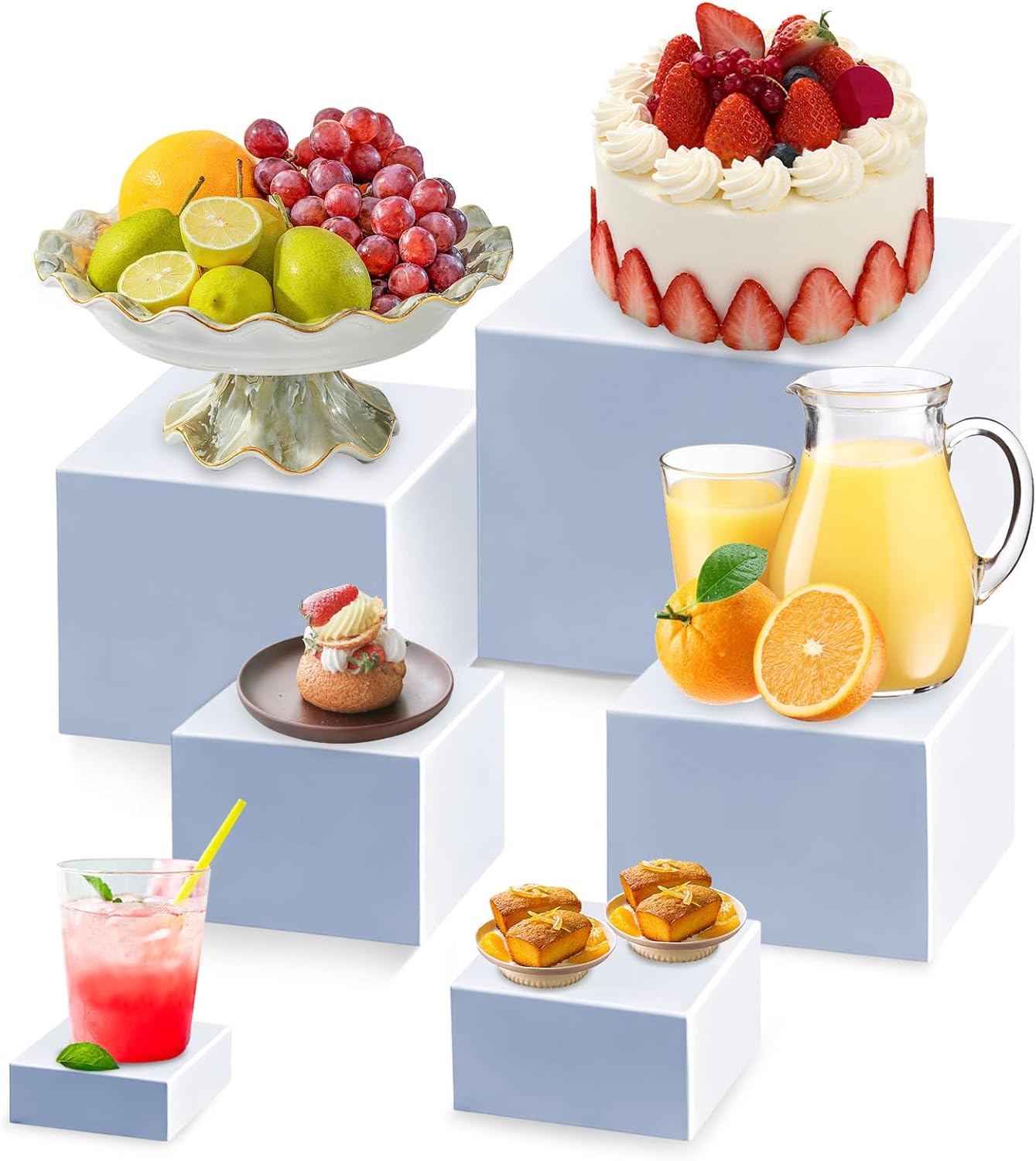 Huakaile 6 Packs 3''/4''/5''/6''/7''/8'' White Buffet Risers Stand, Stackable Risers for Buffet Table Dessert Cake Collectibles, Hollow Nesting Cube Boxes for Food Display Wedding Party Catering (6)