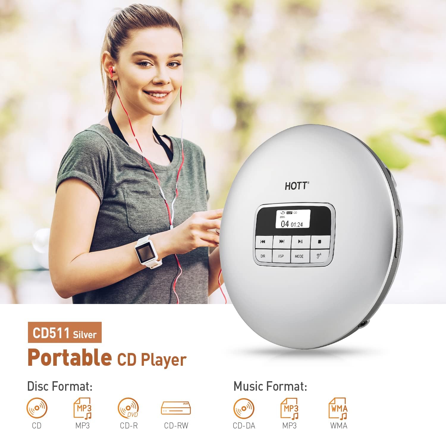 Best Deal HOTT CD511 Portable CD Player,Personal Compact CD Player for Car with Anti-Skip/Shockproof Protection with Headphones and AUX Cable-Sliver Exclusive Discount 60% Price HOTT CD511 Portable CD Player,Personal Compact CD Player for Car with Anti-Skip/Shockproof Protection with Headphones and AUX Cable-Sliver