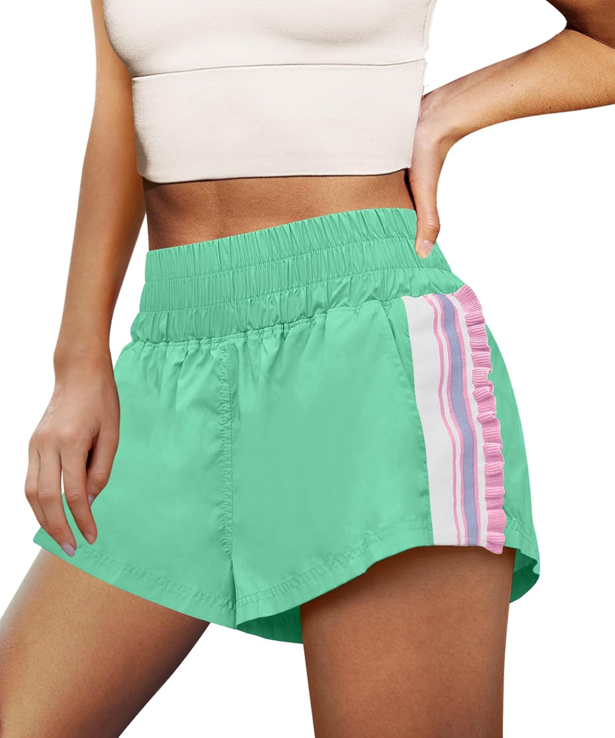 LAMISSCHE Womens Running Shorts Athletic High Waisted Biker Shorts Summer Workout Quick Dry Striped Ruffle Short