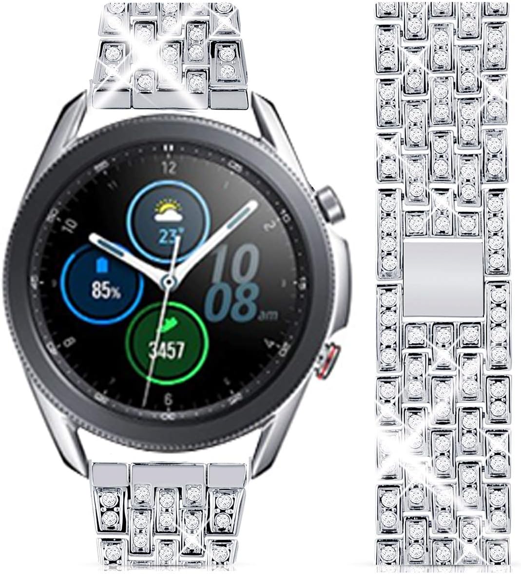 Goton Band Compatible for Galaxy Watch 3 Band 45mm, Women Men Bling Diamond Crystal Strap 22mm Stainless Metal Replacement Bracelet Compatible for Samsung Galaxy Watch 45mm / 46mm / S3 Frontier / S3 Classic (Silver, 22mm)